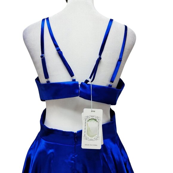 Strappy Blue Satin Fit Flare Mini Dress With Cut-Out Sides Z.Dreamer Size 6 - Picture 2 of 13